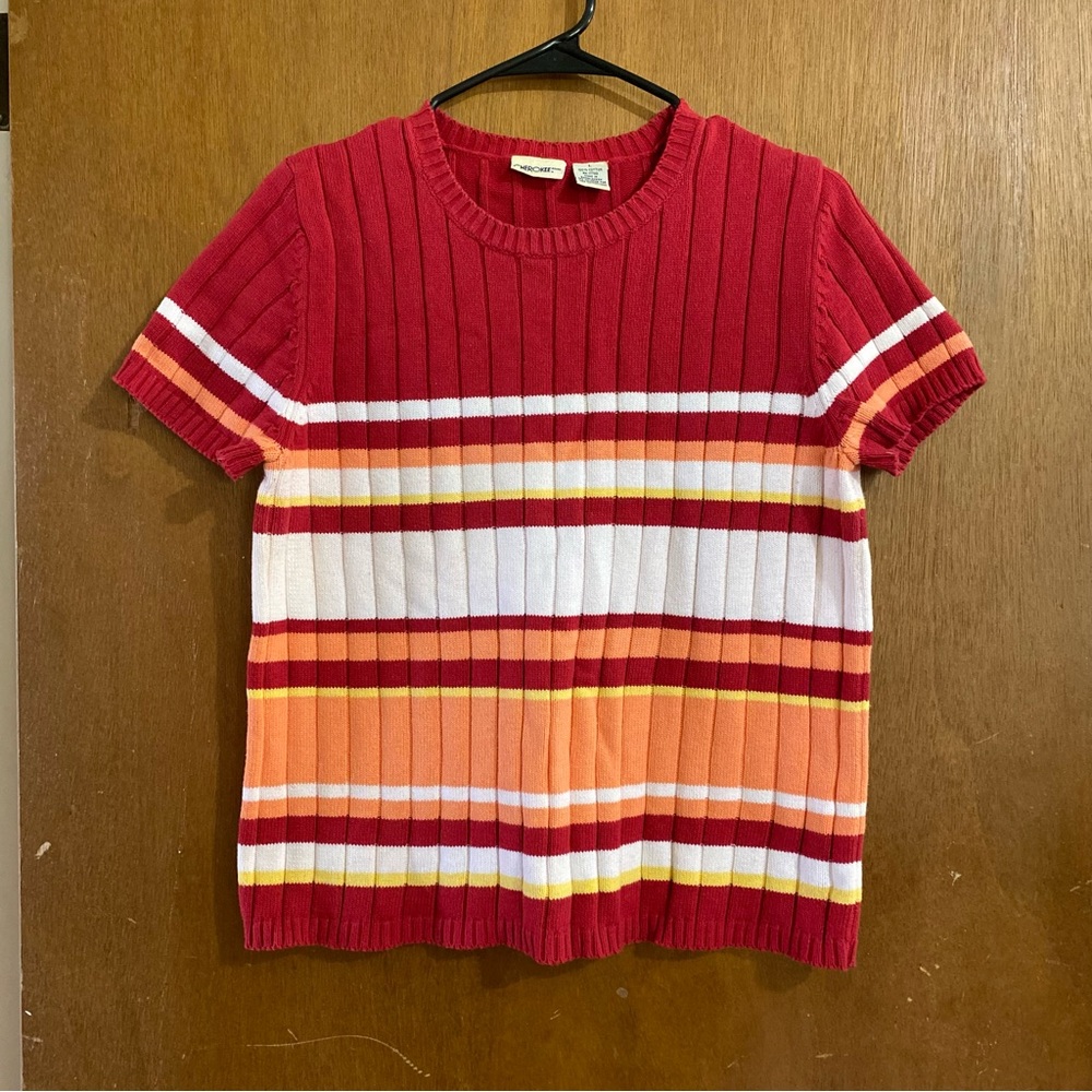 Size L red, orange, and white Cherokee striped short sleeve sweater shirt